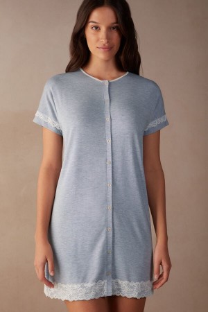 Intimissimi Blonder Trim Button Up Nightgown Lyse Blå | SN-ITMSM58407