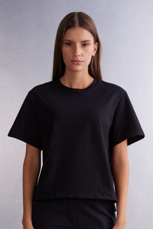 Intimissimi Boxy Fit Kort Sleeve Top In Bomull Svarte | SN-ITMSM58054