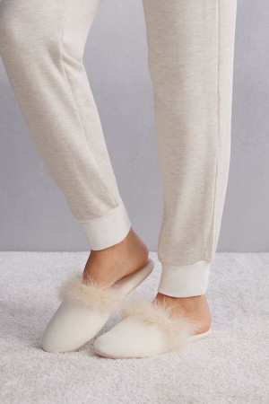 Intimissimi Feather Trim Slippers Hvite | SN-ITMSM58449