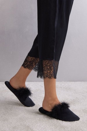 Intimissimi Feather Trim Slippers Svarte | SN-ITMSM58450