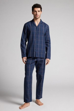 Intimissimi Full Length Button Down Pajamas In Check Patterned Bomull Cloth Blå | SN-ITMSM58712