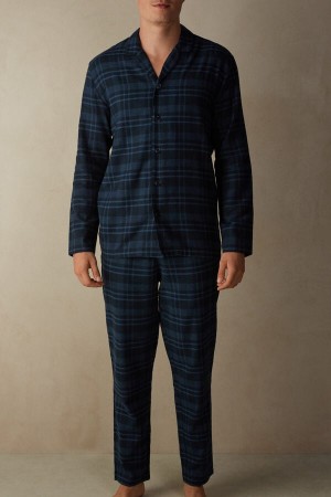 Intimissimi Full Length Pajamas In Brushed Check Patterned Cloth Blå | SN-ITMSM58707