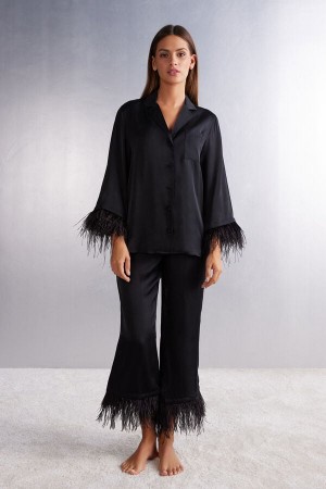 Intimissimi Full Length Pajamas In Viscose Satin With Feathers Svarte | SN-ITMSM58291