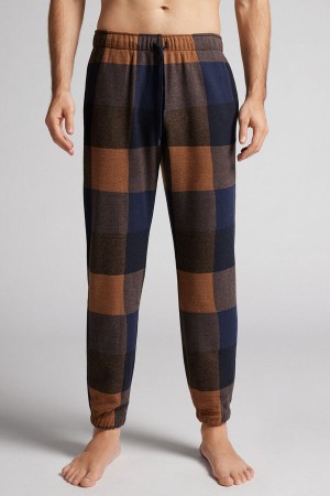 Intimissimi Full Length Pants In Check Patterned Tricot Blå | SN-ITMSM58764