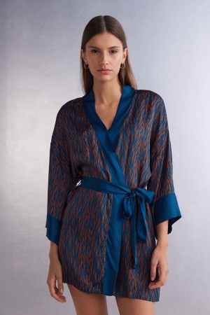 Intimissimi Go Animalier Viscose Satin Kimono Blå | SN-ITMSM58431