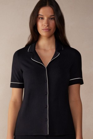 Intimissimi Kort Sleeve Button Up Shirt In Modal Svarte | SN-ITMSM58347