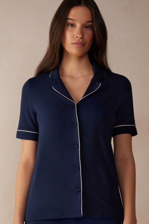 Intimissimi Kort Sleeve Button Up Shirt In Modal Blå | SN-ITMSM58349