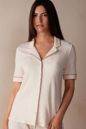 Intimissimi Kort Sleeve Button Up Shirt In Modal Beige | SN-ITMSM58355
