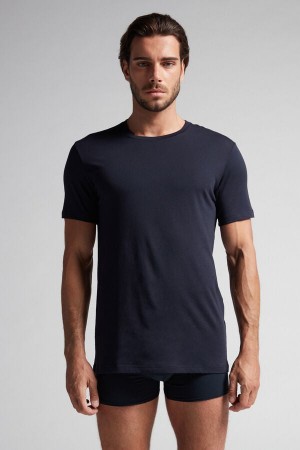 Intimissimi Kort Sleeve Crew Neck T Shirt In Supima® Bomull Blå | SN-ITMSM58728
