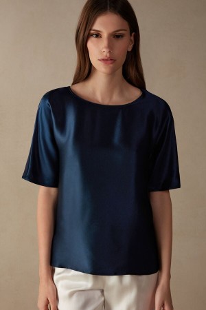 Intimissimi Kort Sleeve Silk And Modal Top Blå | SN-ITMSM58046