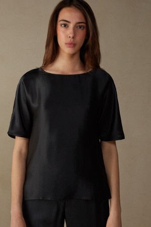 Intimissimi Kort Sleeve Silk And Modal Top Svarte | SN-ITMSM58047