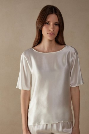 Intimissimi Kort Sleeve Silk And Modal Top Hvite | SN-ITMSM58048
