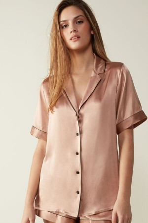 Intimissimi Kort Sleeve Silk Shirt With Contrast Trim Beige | SN-ITMSM58322