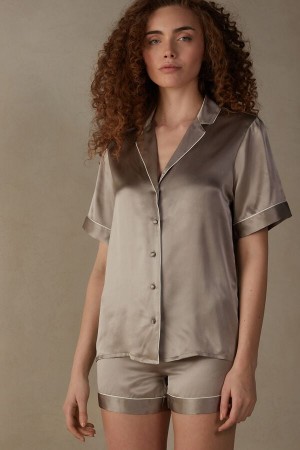 Intimissimi Kort Sleeve Silk Shirt With Contrast Trim Beige | SN-ITMSM58328