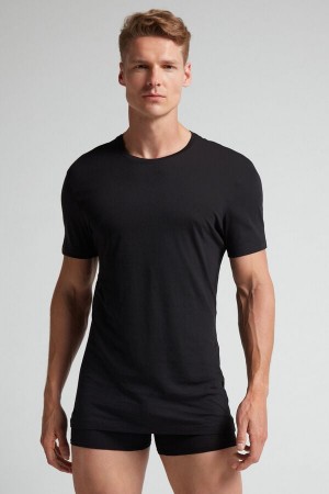 Intimissimi Kort-sleeve Crew-neck T-shirt In Extra-fine Supima® Bomull Svarte | SN-ITMSM58733