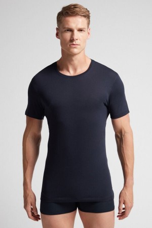 Intimissimi Kort-sleeve Crew-neck T-shirt In Extra-fine Supima® Bomull Blå | SN-ITMSM58734