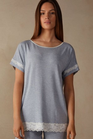 Intimissimi Kort-sleeve Modal Top With Blonder Detail Lyse Blå | SN-ITMSM58334