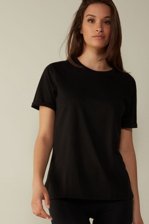 Intimissimi Kort-sleeved Supima® Bomull Top Svarte | SN-ITMSM58040