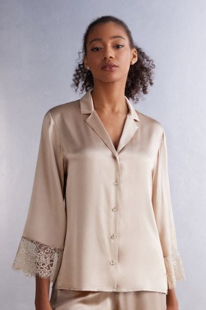 Intimissimi Living In Luxe Menswear Cut Long Sleeve Silk Shirt Beige | SN-ITMSM58295