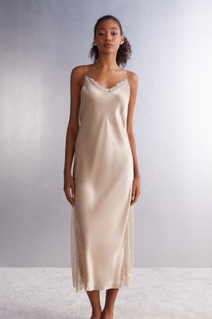 Intimissimi Living In Luxe Silk Nightgown Beige | SN-ITMSM57845