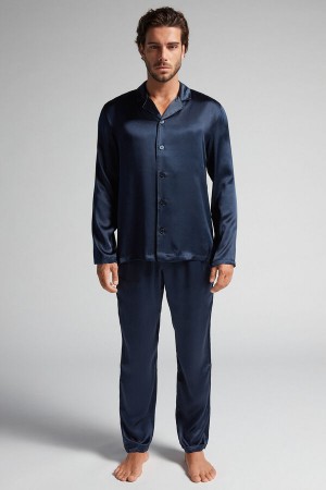 Intimissimi Long Silk Piped Pajamas Blå | SN-ITMSM58704