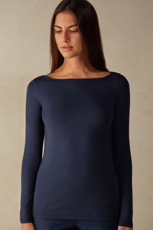 Intimissimi Long Sleeve Bateau Neck Top In Micromodal Blå | SN-ITMSM58085