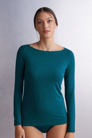 Intimissimi Long Sleeve Bateau Neck Top In Micromodal Blå | SN-ITMSM58101