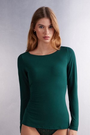 Intimissimi Long Sleeve Bateau Neck Top In Micromodal Grønn | SN-ITMSM58116