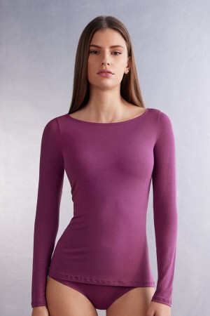Intimissimi Long Sleeve Bateau Neck Top In Micromodal Lilla | SN-ITMSM58126