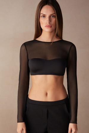 Intimissimi Long Sleeve Bra Top In Ultralight Microfiber And Tulle Svarte | SN-ITMSM56868