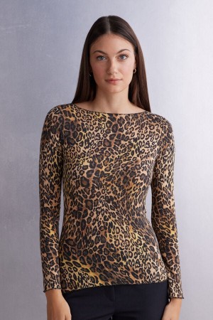 Intimissimi Long Sleeve Printed Boatneck Top In Ultralight With Cashmere Brune | SN-ITMSM58104