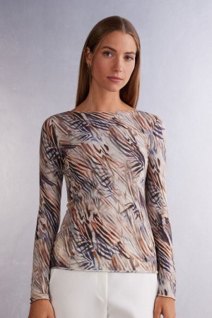 Intimissimi Long Sleeve Printed Boatneck Top In Ultralight With Cashmere Multicolor | SN-ITMSM58105