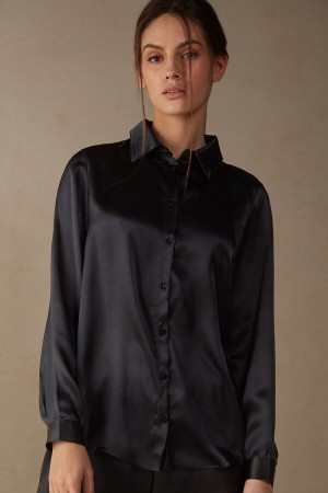 Intimissimi Long Sleeve Silk Shirt Svarte | SN-ITMSM58068