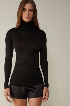 Intimissimi Long-sleeve High-neck Tubular Top In Ull And Silk Svarte | SN-ITMSM58069