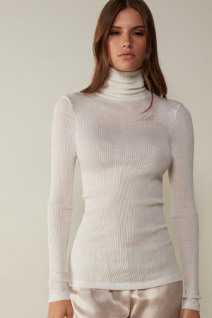 Intimissimi Long-sleeve High-neck Tubular Top In Ull And Silk Hvite | SN-ITMSM58070