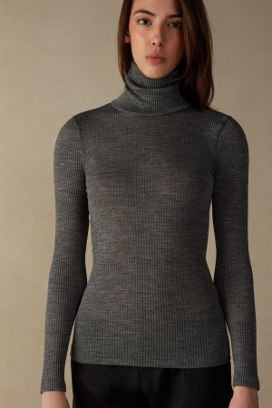 Intimissimi Long-sleeve High-neck Tubular Top In Ull And Silk Grå | SN-ITMSM58071