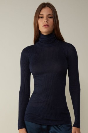 Intimissimi Long-sleeve High-neck Tubular Top In Ull And Silk Blå | SN-ITMSM58072