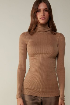 Intimissimi Long-sleeve High-neck Tubular Top In Ull And Silk Brune | SN-ITMSM58081