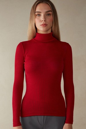 Intimissimi Long-sleeve High-neck Tubular Top In Ull And Silk Rød | SN-ITMSM58082