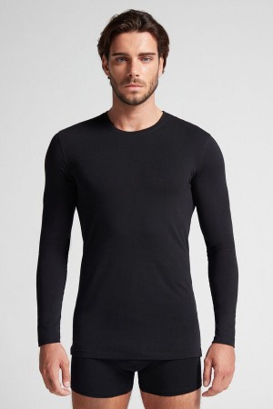Intimissimi Long-sleeve Stretch Supima Bomull Top Svarte | SN-ITMSM58623