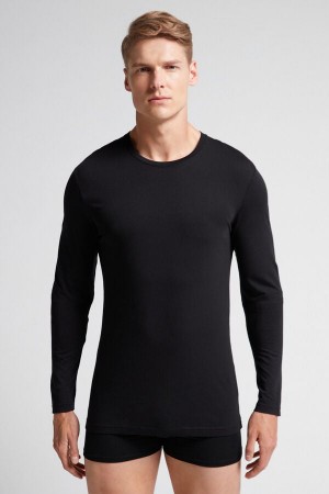 Intimissimi Long-sleeve Supima® Bomull Top Svarte | SN-ITMSM58731