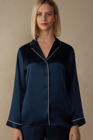 Intimissimi Mannish-cut Jacket In Silk Satin Blå | SN-ITMSM58237