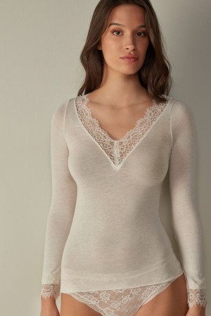 Intimissimi Modal Cashmere Ultralight Long Blonder Shirt Hvite | SN-ITMSM58080