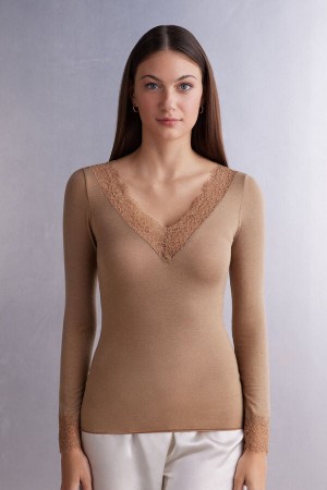 Intimissimi Modal Cashmere Ultralight Long Blonder Shirt Brune | SN-ITMSM58108