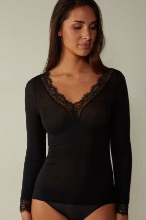 Intimissimi Modal Cashmere Ultralight Long Blonder Shirt Svarte | SN-ITMSM58131