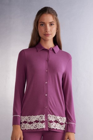 Intimissimi Pretty Flowers Button Up Shirt In Modal Lilla | SN-ITMSM58263