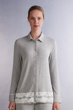 Intimissimi Pretty Flowers Button Up Shirt In Modal Grå | SN-ITMSM58269