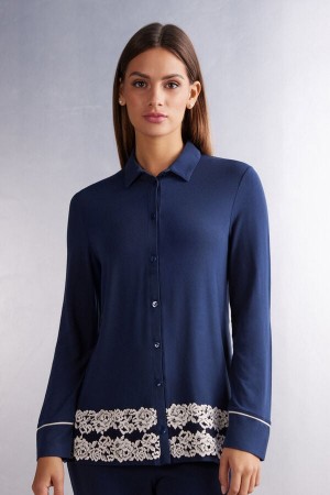 Intimissimi Pretty Flowers Button Up Shirt In Modal Blå | SN-ITMSM58298