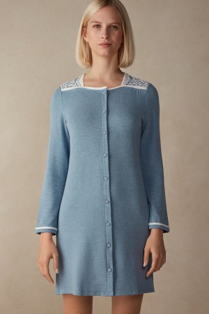 Intimissimi Romantic Bedroom Button Up Night Shirt In Modal With Ull Lyse Blå | SN-ITMSM58404