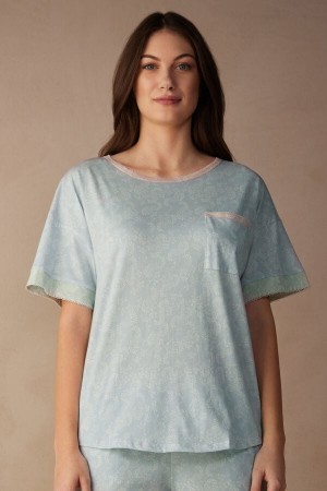 Intimissimi Romantic Cashmere Kort Sleeve Bomull Top Lyse Blå | SN-ITMSM58342